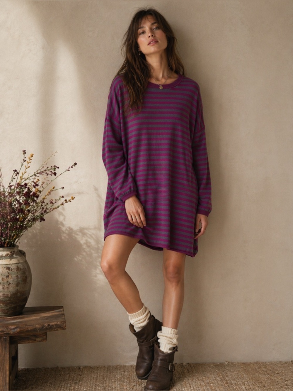 Marimekko Women’s Oversized Knit Sweater Dress Sz M Pink Grey Striped 100% Wool